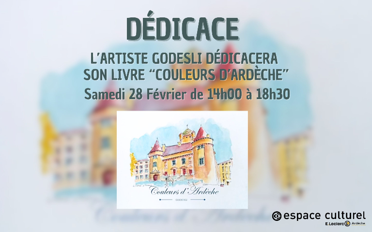 L'artiste GODESLI vous convie à une rencontre privilégiée le samedi 28 février de 14h00 à 18h30 pour une séance de dédicace dédiée à son nouvel ouvrage Couleurs d'Ardèche. Ce recueil d'exception se compose de 52 œuvres originales mêlant la fluidité de l'aquarelle et la précision de l'encre pour rendre hommage à la diversité des paysages ardéchois.