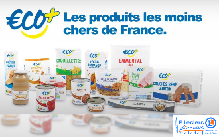 ECO+, les produits les moins chers de France. À retrouver dans votre centre E.Leclerc Limoux.