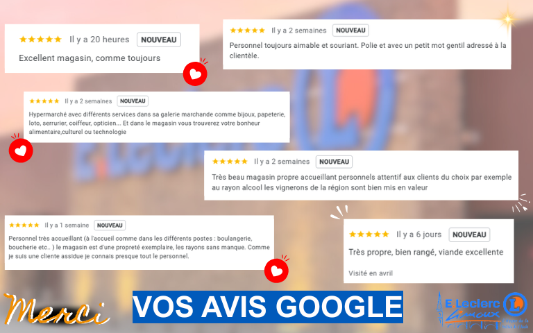MERCI POUR VOS RETOURS !  VOS AVIS LAISSÉS SUR NOTRE PAGE GOOGLE NOUS AIDE À NOUS AMÉLIORER UN PEU PLUS CHAQUE JOUR. 