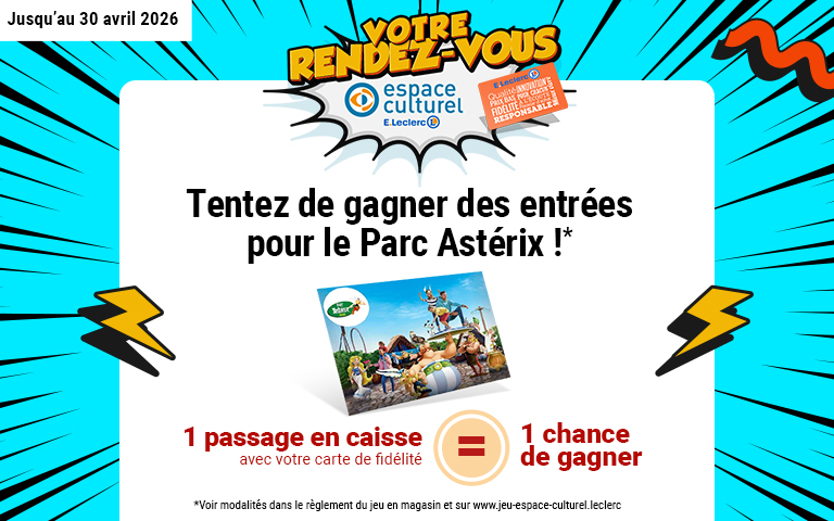 Rendez-vous dans votre Espace CULTUREL E.Leclerc Aurillac jusqu'au 30 avril pour tenter de gagner des entrées pour le Parc Astérix ! 6 packs de 4 places sont à gagner en vous rendant directement dans votre Espace Culturel. Votre fidélité est plus que récompensée. Passez votre carte de fidélité E.Leclerc en caisse lors de vos achats à l'Espace Culturel. Récupérez votre code unique sur votre sur-ticket de caisse (ou directement sur votre appli Mon Leclerc). Rendez-vous sur www.jeu-espace-culturel.leclerc pour tenter votre chance !