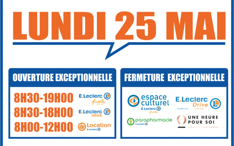 Modifications de nos horaires pour le Lundi 25 Mai, votre magasin sera ouvert de 8h30 à 19h00, le Drive Belbex ouvrira lui de 8h30 à 18h00 et notre Service de Location de 8h00 à 12h00. Tous nos autres concepts seront fermés. Retour dès vendredi 15 Mai aux horaires habituels.