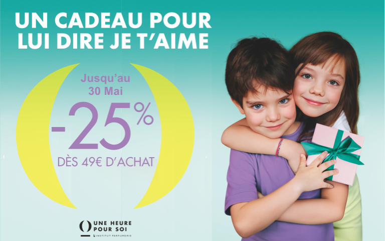 Profitez de -25% dès 49€ d'achat jusqu'au 30 Mai dans votre Institut Parfumerie Une Heure Pour Soi Aurillac. L'occasion idéale de faire plaisir à maman à petit prix.