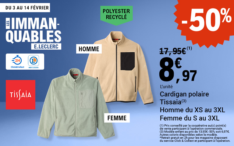 cardigan polaire homme ou femme à 50% de réduction immédiate soit 8€97 au lieu de 17€95 du 3 au 14 février