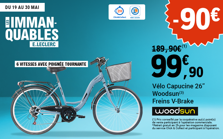 IMMANQUABLES - Vélo Capucine Woodsun 26" à seulement 99.90€ au lieu de 189,90€. Offre valable du 19 au 30 mai 2026.