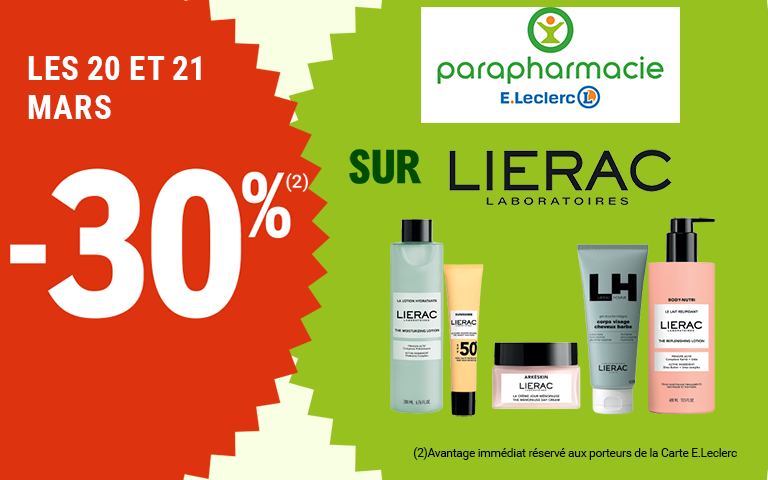 Les 20 et 21 mars, profitez de -30 pour cent sur Lierac Laboratoires. Avantage réservé aux porteurs de carte