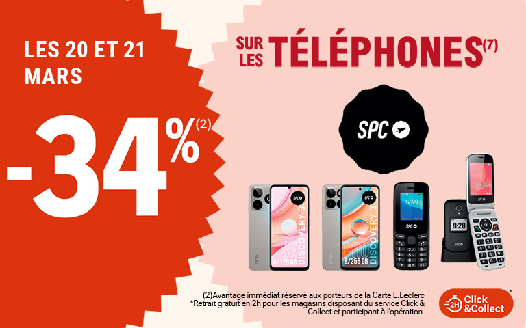 Les 20 et 21 mars, profitez de -34 pour cent sur les téléphones disponible en Click & Collect sur le site ou sur l'appli. Avantage réservé aux porteurs de carte