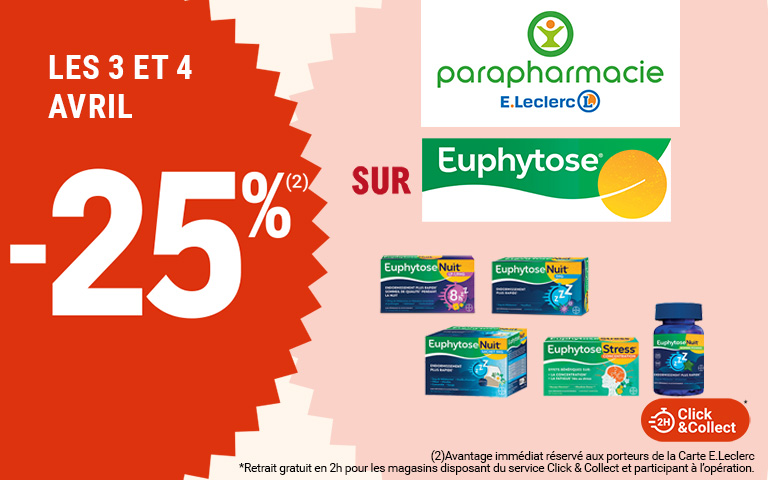 Les 3 et 4 avril, 25 pour cent de remise immédiate sur la marque Euphytose disponible en Click & Collect sur le site ou sur l'appli. Avantage réservé aux porteurs de carte. Cliquez pour les mentions légales