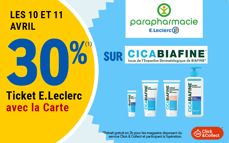 Les 10 et 11 avril, 30 pourcent en Ticket E.Leclerc sur la Carte sur Cicabiafine, disponible en Click & Collect sur le site ou sur l'appli. Cliquez pour les mentions légales.