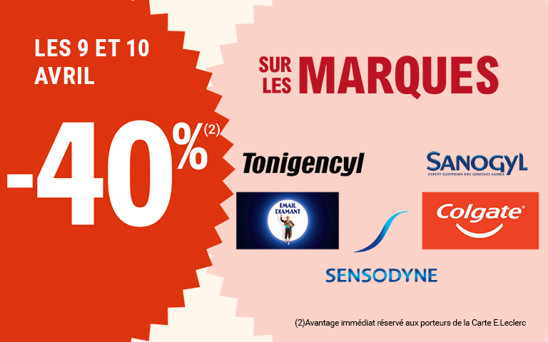 Les 9 et 10 avril, moins 40 pourcent de réduction immédiate sur les marques Tonigencyl, Sanogyl, Email Diamant, Sensodyne et Colgate. Avantage réservé aux porteurs de carte.