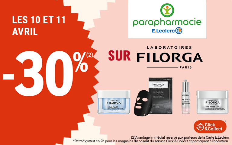 Les 10 et 11 avril, moins 30 pourcent de réduction immédiate sur Laboratoires Filorga Paris, disponible en Click & Collect sur le site ou sur l'appli. Avantage réservé aux porteurs de carte.