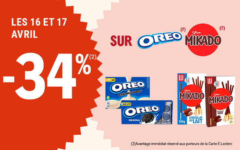 Les 16 et 17 avril, moins 34 pourcent de réduction immédiate sur Oreo et Mikado. Avantage réservé aux porteurs de carte.
