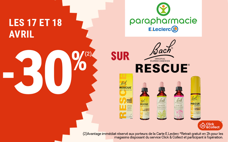 Les 17 et 18 avril, moins 30 pourcent de réduction immédiate sur Rescue, disponible en Click & Collect sur le site ou sur l'appli. Avantage réservé aux porteurs de carte. Cliquer sur les mentions légales