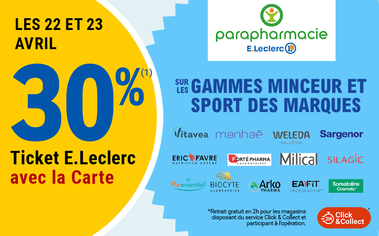 Les 22 et 23 avril, 30 pourcent en Ticket E.Leclerc sur la Carte sur les GAMMES MINCEUR ET SPORT DES MARQUES, disponible en Click & Collect sur le site ou sur l'appli. Cliquez pour les mentions légales.