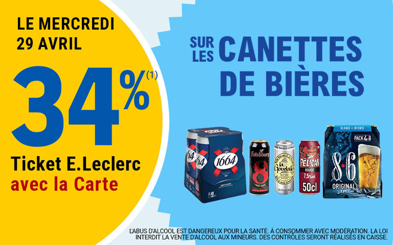 Le mercredi 29 avril, 34 pourcent en Ticket E.Leclerc sur la Carte sur les canettes de bières. Cliquez pour les mentions légales.