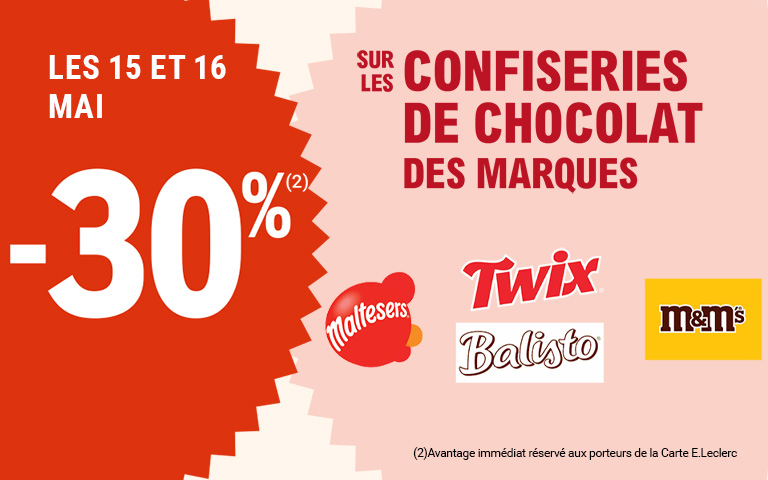 Les 15 et 16 mai, moins 30 pourcent de réduction immédiate sur les confiseries de chocolat des marques Maltesers, Twix, Balisto et m&m's. Avantage réservé aux porteurs de carte.