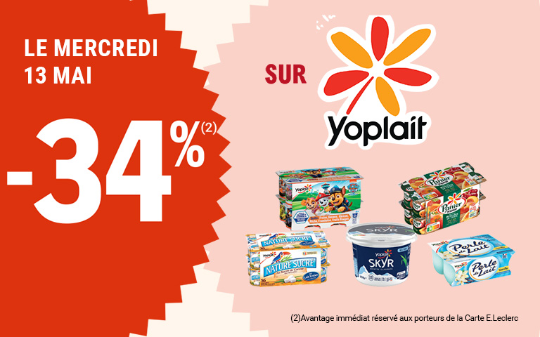 Le mercredi 13 mai, moins 34 pourcent de réduction immédiate sur Yoplait. Avantage réservé aux porteurs de carte.