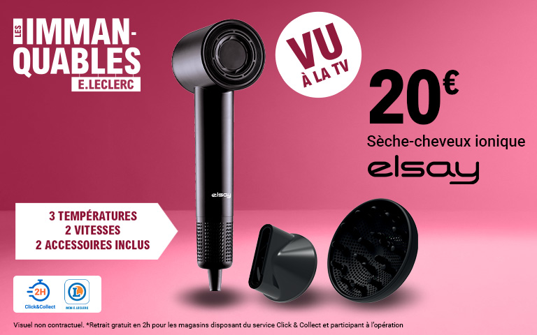 Vu à la TV ! Profitez des immanquables chez E.Leclerc avec le Sèche-cheveux ionique de la marque Elsay à 20€ dont 0,12€ d'eco-participation. 3 températures, 2 vitesses et deux accessoires inclus. Visuel non contractuel. Tout ce qui compte pour vous existe à prix E.Leclerc