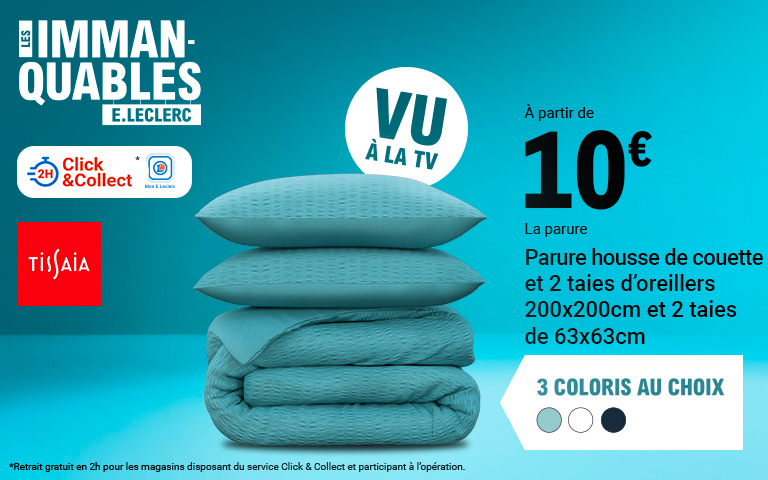 Spécial Blanc : Parure housse de couette 200x200cm, 2 taies d'oreiller 63x63cm Tissaia à partir de 10€. 3 coloris au choix.