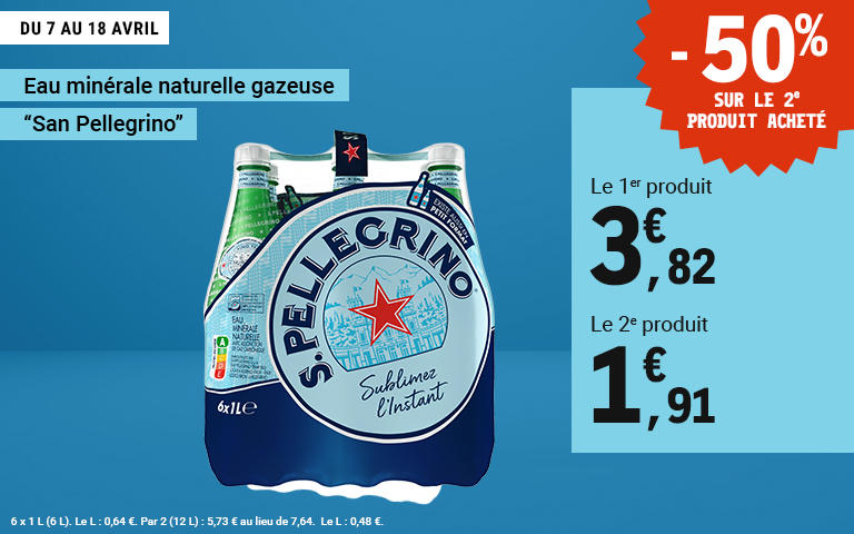 Du 7 au 18 avril, - 50% sur le 2e produit acheté sur l'Eau minérale naturelle gazeuse "San Pellegrino". 6 x 1 litre (6 litres). Le litre : 0,64 euro. Par 2 (12 litres) : 5,73 euros au lieu de 7,64 euros. Le litre : 0,48 euro.