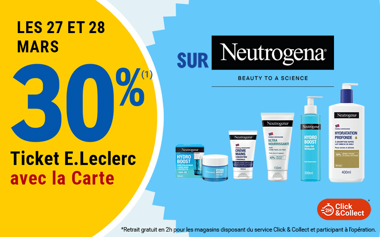 Les 27 et 28 mars, 30% en Ticket E.Leclerc sur la Carte sur Neutrogena disponible en Click & Collect sur le site ou sur l'appli. Cliquez pour les mentions légales
