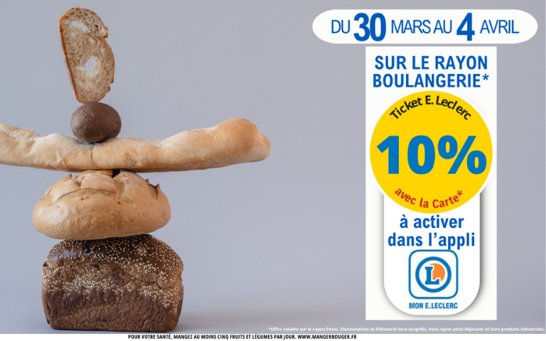 Cette semaine profitez de 10% en Ticket E.Leclerc sur la Carte sur les rayons pains, viennoiseries et pâtisseries et chaque semaine sur le rayon fruits et légumes. Cliquez pour les mentions légales