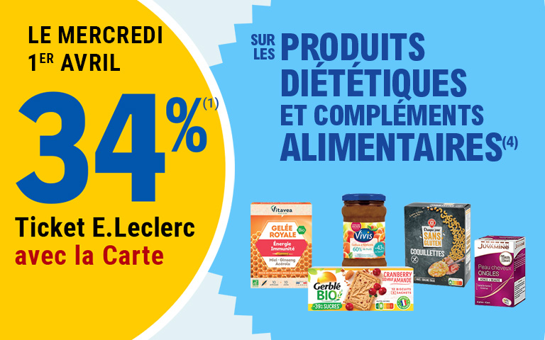 Le mercredi 1er avril, 34% en Ticket E.Leclerc sur la Carte sur les produits diététiques et compléments alimentaires. Cliquez pour les mentions légales
