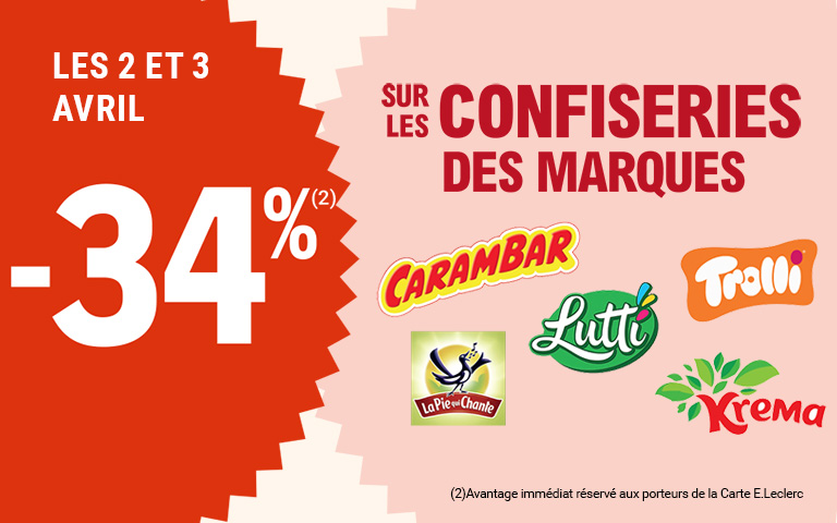 Les 2 et 3 avril, 34% de remise immédiate sur les confiseries des marques Carambar, Lutti, Trolli, La Pie qui Chante et Krema. Avantage réservé aux porteurs de carte, Cliquez pour les mentions légales
