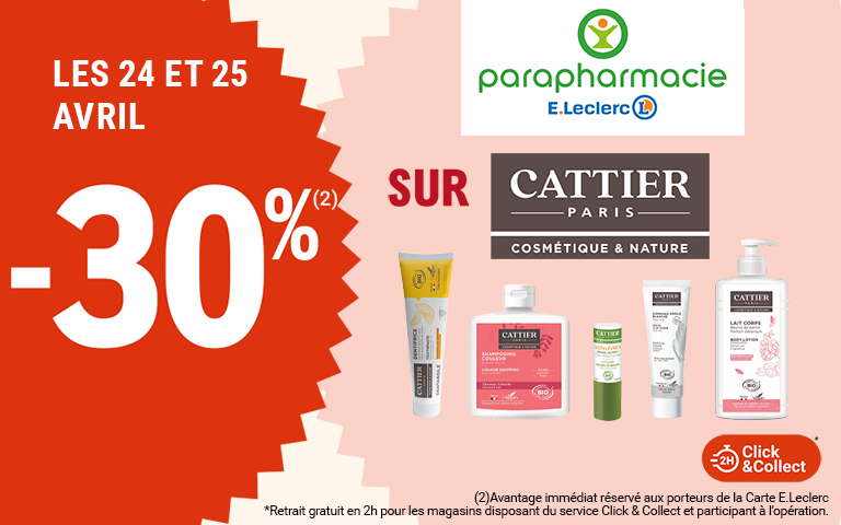 Les 24 et 25 avril, moins 30% de réduction immédiate sur CATTIER PARIS COSMÉTIQUE & NATURE, disponible en Click & Collect sur le site ou sur l'appli. Avantage réservé aux porteurs de carte.