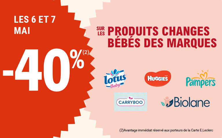 Les 6 et 7 mai, moins 40 pourcent de réduction immédiate sur les produits changes bébés des marques Lotus Baby, Huggies, Pampers, Carryboo et Biolane. Avantage réservé aux porteurs de carte