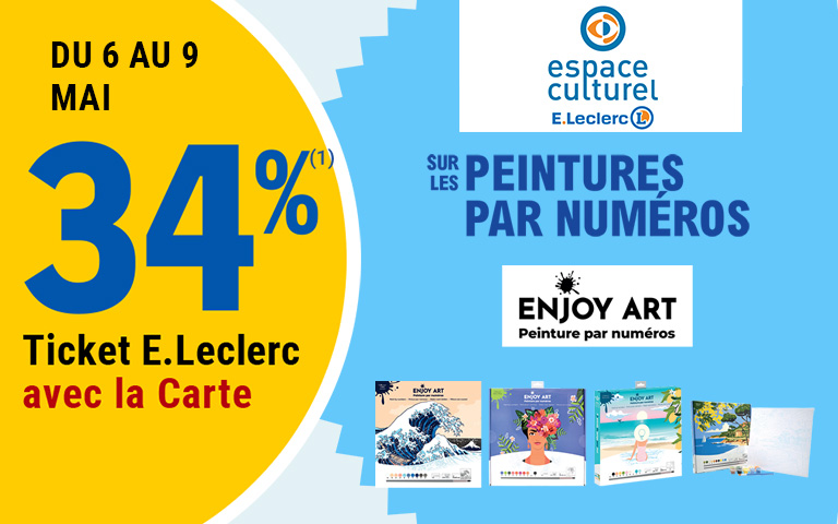 Du 6 au 9 mai, 34 pourcent en Ticket E.Leclerc sur la Carte sur les peintures par numéros Enjoy Art. Cliquez pour les mentions légales.