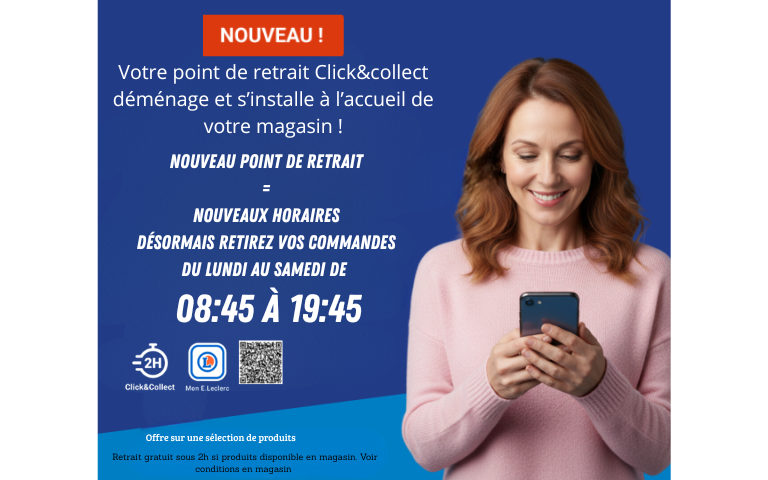 Nouveau point de retrait  =  Nouveaux horaires  Désormais retirez vos commandes  du lundi au samedi de   08:45 à 19:45