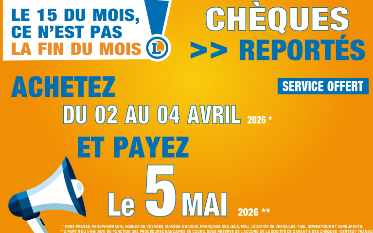  CHÈQUE DIFFÉRÉ 𝗗𝘂 𝟐 𝐚𝐮 𝟒 𝐚𝐯𝐫𝐢𝐥 𝟮𝟬𝟮𝟲, 𝗿𝗲𝗴𝗹𝗲𝘇 𝘃𝗼𝘀 𝗮𝗰𝗵𝗮𝘁𝘀 𝗽𝗮𝗿 𝗰𝗵𝗲𝗾𝘂𝗲, 𝗲𝘁 𝘃𝗼𝘂𝘀 𝗻𝗲 𝘀𝗲𝗿𝗲𝘇 𝗱𝗲𝗯𝗶𝘁𝗲𝘀 𝗾𝘂𝗲 𝗹𝗲 𝐕𝐞𝐧𝐝𝐫𝐞𝗱𝗶 𝟱 Mai