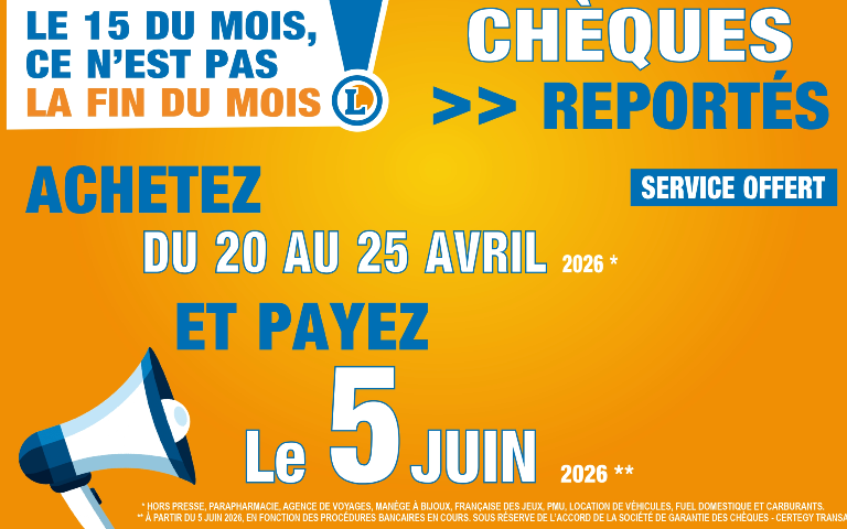 𝗗𝘂 𝟐0 𝐚𝐮 25 𝐚𝐯𝐫𝐢𝐥 𝟮𝟬𝟮𝟲, 𝗿𝗲𝗴𝗹𝗲𝘇 𝘃𝗼𝘀 𝗮𝗰𝗵𝗮𝘁𝘀 𝗽𝗮𝗿 𝗰𝗵𝗲𝗾𝘂𝗲, 𝗲𝘁 𝘃𝗼𝘂𝘀 𝗻𝗲 𝘀𝗲𝗿𝗲𝘇 𝗱𝗲𝗯𝗶𝘁𝗲𝘀 𝗾𝘂𝗲 𝗹𝗲 vendredi 𝟓 Juin. Voir conditions en magasin.