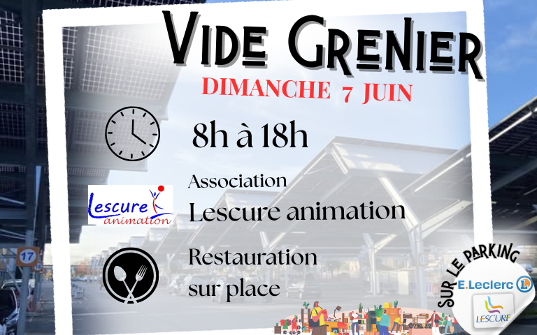 vide grenier sur le parking le dimanche 7 juin de 8h à 18h. (restauration sur place)