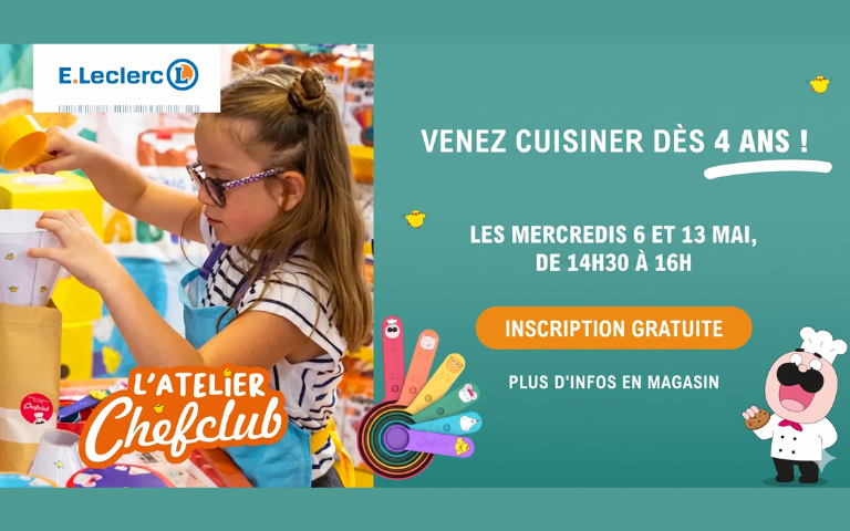 Venez cuisiner dès 4 ans dans votre centre, les mercredis 6 et 13 mai de 14h30 à 16h. inscription gartuite à l'accueil de votre magasin 