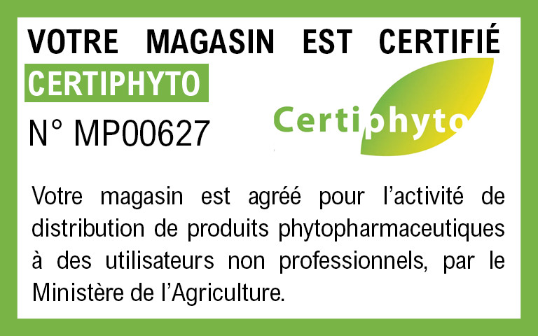 Votre magasin est agréé pour l’activité de distribution de produits phytopharmaceutiques à des utilisateurs non professionnels, par le Ministère de l’Agriculture. 