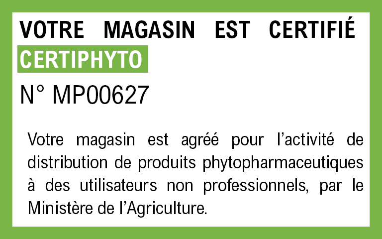 Votre magasin est agréé pour l’activité de distribution de produits phytopharmaceutiques à des utilisateurs non professionnels, par le Ministère de l’Agriculture. 