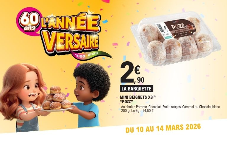 2,90€ la barquette mini beignets, au choix pomme, chocolat, fruits rouges, caramel ou chocolat blanc