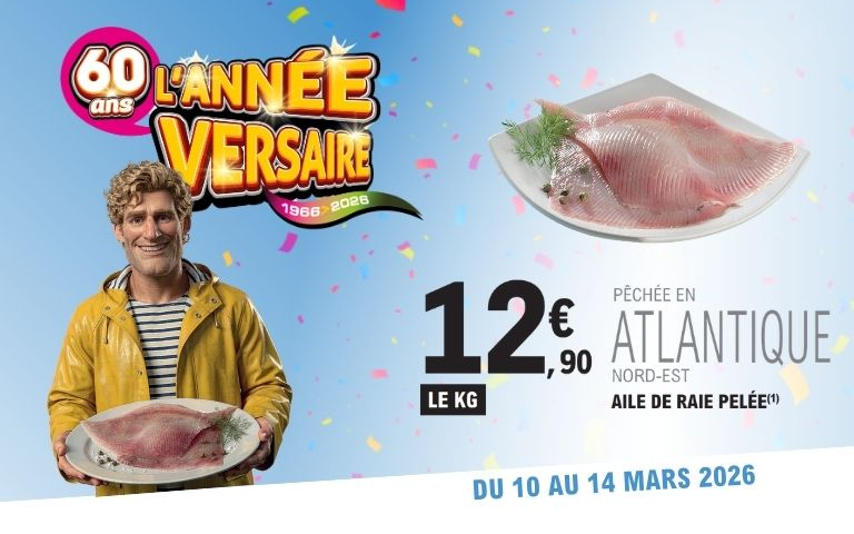 12,90€ le kg aile de raie pelée, pêchée en atlantique nord est