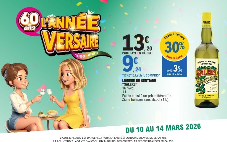 30% en TEL avec la carte, soit 3,96€ sur la liqueur de gentiane "salers"