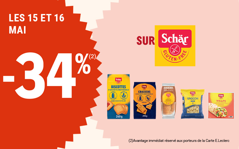 Les 15 et 16 mai, moins 34 pourcent de réduction immédiate sur Schär Gluten-free. Avantage réservé aux porteurs de carte.