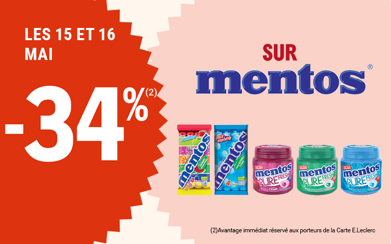 Les 15 et 16 mai, moins 34 pourcent de réduction immédiate sur Mentos. Avantage réservé aux porteurs de carte.