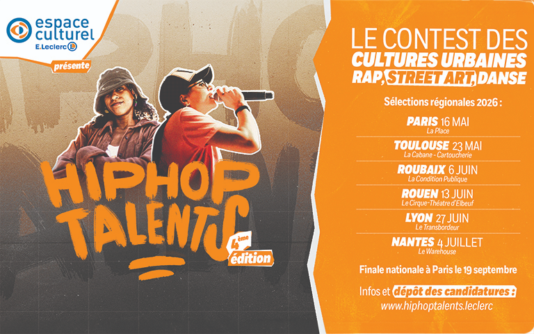 HIPHOP TALENTS  Inscris toi dès maintenant pour participer au Hip Hop Talents :  Le concours des Espaces Culturels E.Leclerc  3 disciplines : rap, street art, danse 5000€ en récompense pour 3 gagnants Les inscriptions sont ouvertes jusqu'au 24 avril sur : https://docs.google.com/.../1FAIpQLSdah7aTEyuYcP.../viewform 