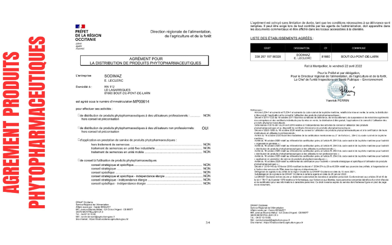 Agrement phytosanitaire