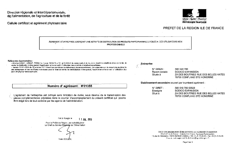 Agrément d'entreprise exerçant une activité de distribution de produits phytopharmaceutiques a des utilisateur non professionnels numéro IF01355 