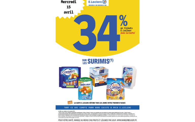 34% EN E.TICKET LECLERC SUR LES SURIMIS LE 15/04