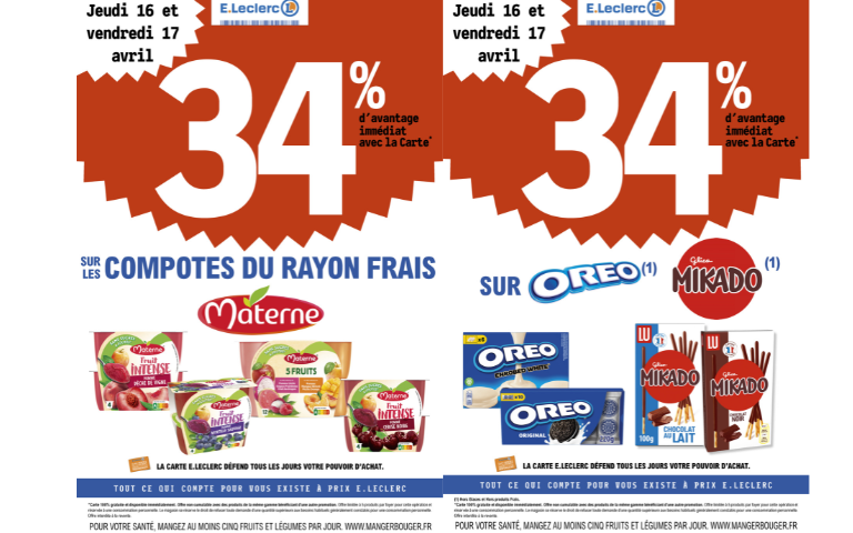 34% DE REMISE IMMEDIATE SUR COMPOTE MATERNE DU RAYON FRAIS ET SUR OREO ET MIKADO DU 16 AU 17/04