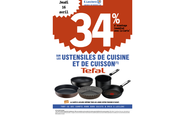 34% DE REMISE IMMEDIATE SUR LES USTENSILES DE CUISINE ET DE CUISSON TEFAL LE 16/04