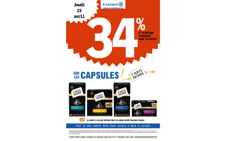 34% DE REMISE IMMEDIATE SUR LES CAPSULES CARTE NOIRE LE 23/04