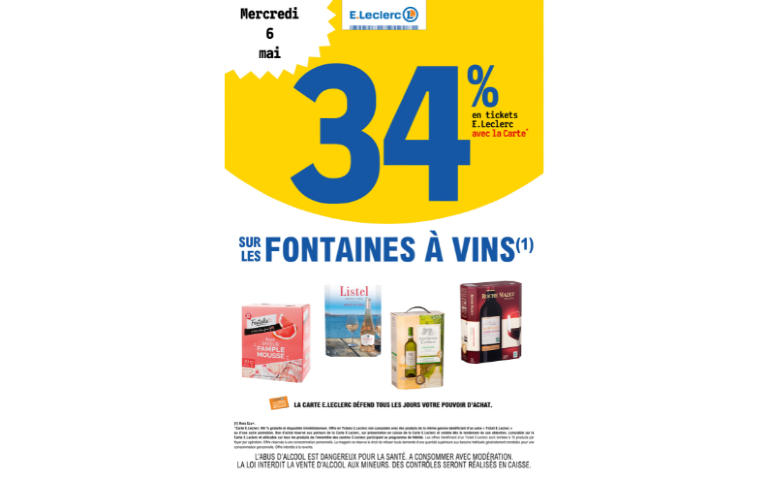 34% EN E.TICKET LECLERC SUR LES FONTAINES A VINS LE 6 MAI